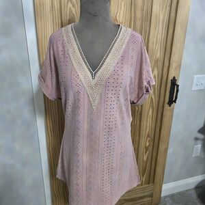 SHEIN Pink V-Neck Eyelet Top